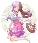  anna_miller apron blouse brown_hair commentary cup frills heterochromia iesupa long_hair milk multicolored_hair name_tag neo_(rwby) pink_apron pink_eyes pink_hair pink_skirt purple_eyes rwby saucer skirt solo sugar_cube tea teacup tray waitress white_blouse 