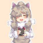  ^_^ alpaca_ears alpaca_suri_(kemono_friends) animal_ears bangs beige_vest blonde_hair blush breast_pocket closed_eyes cup dot_nose drink facing_viewer fur-trimmed_sleeves fur-trimmed_vest fur_collar fur_trim hair_bun hair_ornament hair_over_one_eye hair_ribbon hair_tie highres holding holding_cup jpeg_artifacts kemono_friends long_sleeves neck_ribbon nuqura open_mouth outline pink_background pink_ribbon pocket ribbon shirt short_hair sidelocks simple_background smile solo steam swept_bangs tea tress_ribbon upper_body vest white_outline white_shirt yunomi |d 