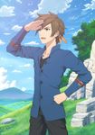  absurdres arm_strap blue_shirt brown_hair cloud cloudy_sky day fateline_alpha grass green_eyes hand_on_hip highres male_focus outdoors rock shading_eyes shirt sky solo sorey_(tales) tales_of_(series) tales_of_zestiria tree 