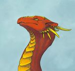  blue_background deanosaior dragon ear_piercing feral horn piercing red_scales scales simple_background solo yellow_eyes 