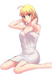  ahoge arms_behind_head artoria_pendragon_(all) blonde_hair breasts cleavage dress fate/stay_night fate_(series) fateline_alpha green_eyes hair_down looking_at_viewer medium_breasts saber simple_background sitting smile solo wariza white_background white_dress 