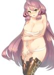  akashi_(kantai_collection) areola_slip areolae armor bandages blush breast_squeeze breasts brown_legwear brown_ribbon cleavage collarbone cowboy_shot embarrassed groin hair_ribbon headband highres kantai_collection large_breasts long_hair looking_at_viewer naked_bandage navel nose_blush nude open_mouth pink_hair pussy_peek red_ribbon ribbon ribbon-trimmed_legwear ribbon_trim shiny shiny_skin solo standing stomach sweat tassel teardrop thighhighs tress_ribbon very_long_hair yn_red 