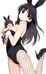  2girls :&lt;&gt; animal_ears armpit_crease bangs bare_arms bare_shoulders black_footwear black_hair black_hairband black_leotard black_neckwear blush bow bowtie breasts brown_hair bunny_ears bunny_girl bunny_tail bunnysuit chibi cleavage closed_mouth detached_collar eyebrows_visible_through_hair fake_animal_ears fishnet_pantyhose fishnets green_eyes hairband hands_together head_tilt high_heels leg_up leotard long_hair looking_at_viewer looking_to_the_side medium_breasts multiple_girls onjouji_toki open_mouth pantyhose red_eyes saki saki_achiga-hen shimizudani_ryuuka shisoneri short_hair simple_background smile standing standing_on_one_leg tail thighs v-shaped_eyebrows white_background wrist_cuffs 