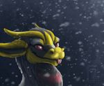  ambiguous_gender deanosaior dragon fur furred_dragon grey_fur horn purple_eyes snow snowing tongue yellow_fur 