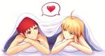  1girl artoria_pendragon_(all) blonde_hair blush emiya_shirou fate/stay_night fate_(series) fateline_alpha green_eyes hair_down heart looking_at_another pillow red_eyes red_hair saber short_hair sidelocks spoken_heart under_covers 
