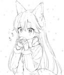  :&gt; animal_ears blazer blush bow bowtie buttons eating extra_ears eyebrows_visible_through_hair eyelashes ezo_red_fox_(kemono_friends) food food_in_mouth fox_ears fox_tail fur-trimmed_sleeves fur_trim gloves greyscale hair_between_eyes hiten_(hitenkei) holding holding_food jacket japari_bun jpeg_artifacts kemono_friends lineart long_hair long_sleeves looking_at_viewer mg_mg monochrome necktie no_nose onomatopoeia outdoors pocket raised_eyebrows snow snowing solo tail tsurime upper_body white_background 