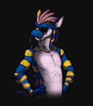  2017 anthro biped black_background blue_scales breezy digital_media_(artwork) dragon eastern_dragon eyewear flesh_whiskers front_view green_eyes hair half-length_portrait hands_on_hips hi_res looking_at_viewer male multicolored_scales nude pink_hair portrait pose scales scalie shockodile simple_background smile snout solo sunglasses whiskers white_scales yellow_scales 