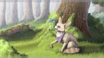  ambiguous_gender arthropod black_nose butterfly canine day deanosaior detailed_background duo feral fox fur grass insect mammal open_mouth outside paws purple_eyes sitting smile teeth tree 