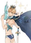  ahoge arthur_pendragon_(fate) artoria_pendragon_(all) artoria_pendragon_(swimsuit_archer) artoria_pendragon_(swimsuit_archer)_(cosplay) ass blonde_hair blue_cape butt_crack cape cosplay crown dimples_of_venus excalibur_(fate/prototype) fabulous fate/grand_order fate/prototype fate_(series) from_behind fur-trimmed_cape fur_trim genderswap genderswap_(ftm) gold_trim green_eyes looking_at_viewer looking_back lowleg male_focus male_swimwear mini_crown myunzzol nipples shirtless simple_background solo sparkle swim_briefs swimsuit swimwear twisted_torso water_gun white_background 