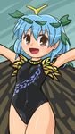  :d alternate_costume antennae aqua_background arms_up bangs black_swimsuit blue_hair blush breasts brown_eyes butterfly_wings covered_navel eternity_larva eyebrows_visible_through_hair hair_between_eyes hair_ornament leaf_hair_ornament legs_together looking_at_viewer lowres one-piece_swimsuit open_mouth raised_eyebrows short_hair small_breasts smile solo standing swimsuit tareme tongue touhou wings winn 