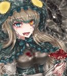  blood commentary_request fangs fingernails heterochromia highres hood kemono_friends komodo_dragon komodo_dragon_(kemono_friends) kyuumoto_kuku long_fingernails mushroom scales slit_pupils tears 