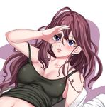  :3 blue_eyes breasts brown_hair cleavage demio eyebrows_visible_through_hair hand_over_eye highres ichinose_shiki idolmaster idolmaster_cinderella_girls large_breasts long_hair looking_at_viewer lying navel on_back open_mouth smile solo 