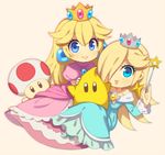  2girls bare_shoulders blonde_hair blue_eyes blush chibi chiko_(mario) crown dress earrings hair_over_one_eye jewelry long_hair looking_at_viewer mario_(series) multiple_girls pink_dress princess_peach rosetta_(mario) smile star super_mario_bros. super_mario_galaxy super_smash_bros. toad wand wusagi2 