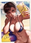  abs absurdres artist_name bangs bare_shoulders beach bikini blue_bikini blue_sky bottomless breasts brown_eyes brown_hair bun_cover cameo cellphone cellphone_charm character_name chun-li cleavage cloud cloudy_sky collarbone covered_nipples crayon_shin-chan dandon_fuga day double_bun earrings eyelashes eyeliner eyeshadow fingernails glint groin hand_on_own_cheek hand_on_own_face hands_up highres holding holding_cellphone holding_phone jewelry large_breasts leaning_to_the_side lens_flare light_smile lips lipstick_mark long_fingernails makeup mascara morgana_(persona_5) muscle no_panties nohara_shinnosuke nose ocean one-piece_tan outdoors paid_reward patreon_reward pearl_earrings persona persona_5 phone pink_lips pussy self_shot short_hair sitting sky smartphone solo stomach strap_gap street_fighter string_bikini sweat swimsuit taking_picture tan tanline toned uncensored water 