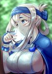  ainu_clothes bird bird_on_hand blue_eyes breasts bursting_breasts commentary_request headband kamoi_(kantai_collection) kantai_collection large_breasts long-tailed_tit long_hair sideboob skindentation smile solo thick_eyebrows white_hair yottan 