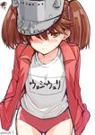  blush brown_eyes brown_hair buruma closed_mouth collarbone commentary_request cowboy_shot eyebrows_visible_through_hair gym_uniform hands_in_pockets hat_over_one_eye jacket kamoto_tatsuya kantai_collection looking_at_viewer name_tag ryuujou_(kantai_collection) short_hair solo squiggle standing sweatdrop track_jacket twintails twitter_username 