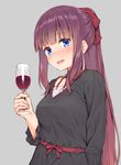  :d alcohol arm_at_side bangs blue_eyes blunt_bangs blush bow breasts choker collarbone commentary_request cup drinking_glass eyebrows_visible_through_hair grey_background hair_bow holding holding_cup long_hair long_sleeves looking_at_viewer medium_breasts mikazuchi_zeus new_game! open_mouth ponytail purple_hair red_bow red_ribbon ribbon sidelocks simple_background smile solo takimoto_hifumi upper_body very_long_hair wine wine_glass 