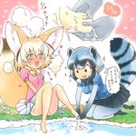  :d animal_ears barefoot between_toes black_hair blonde_hair blush bow bowtie brown_eyes commentary common_raccoon_(kemono_friends) convenient_leg feet female_pervert fennec_(kemono_friends) foot_massage fox_ears fox_tail gloves hataraki_ari kemono_friends multicolored_hair multiple_girls no_shoes open_mouth pantyhose pervert raccoon_ears raccoon_tail shoes_removed short_hair short_sleeves skirt smile soaking_feet socks_removed tail thick_thighs thighs toes translated washing_feet water 