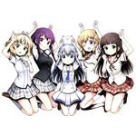  ;d animal animal_on_head arm_up arms_up black_jacket blonde_hair blue_eyes blue_hair blue_neckwear brown_hair brown_ribbon brown_sailor_collar brown_skirt bunny bunny_on_head divine_gate eyebrows_visible_through_hair full_body gochuumon_wa_usagi_desu_ka? green_eyes grey_legwear grey_neckwear grey_skirt hair_between_eyes hair_ornament hair_ribbon head_tilt hoto_cocoa hoto_cocoa's_school_uniform jacket kafuu_chino kafuu_chino's_school_uniform kirima_sharo kneehighs kneeling long_hair miniskirt multiple_girls neck_ribbon necktie on_head one_eye_closed open_mouth pink_ribbon plaid_sailor_collar pleated_skirt purple_hair ribbon sailor_collar school_uniform serafuku shadow shirt short_hair short_sleeves skirt smile tedeza_rize tedeza_rize's_school_uniform tippy_(gochiusa) transparent_background twintails ucmm ujimatsu_chiya very_long_hair white_legwear white_shirt white_skirt 