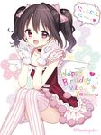  black_hair blush bow character_name cursive dress elbows_on_knees gloves hair_bow happy_birthday idol love_live! love_live!_school_idol_project nico_nico_nii over-kneehighs pink_bow pink_legwear red_dress red_eyes smile solo speech_bubble striped striped_bow striped_legwear thighhighs tsukigami_runa twintails twitter_username vertical-striped_legwear vertical_stripes wavy_hair white_gloves white_legwear yazawa_nico 