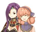  breasts brown_eyes cape cleavage closed_eyes curly_hair earrings fire_emblem fire_emblem_echoes:_mou_hitori_no_eiyuuou hairband jenny_(fire_emblem) jewelry large_breasts long_hair ma_tsukasa multiple_girls necklace open_mouth pink_hair portrait purple_eyes simple_background sonia_(fire_emblem_gaiden) tiara white_background 