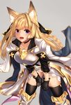  absurdres animal_ears armor bangs bent_over black_gloves black_legwear blonde_hair blush braid breastplate erune gloves granblue_fantasy highres long_hair looking_at_viewer open_mouth purple_eyes solo thighhighs thighs very_long_hair wosero yuisis_(granblue_fantasy) 