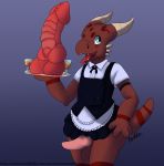  2018 alcohol anthro balls beverage blue_eyes clothed clothing crossdressing dildo dragollo hi_res horn hyper_dildo kobold looking_at_viewer maid_uniform male open_mouth penis scales servant sex_toy simple_background small_tail smile solo uniform 