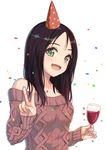  :d bare_shoulders birthday breasts brown_hair celebration confetti cup drinking_glass fang green_eyes hat highres holding holding_cup itachi_kanade looking_at_viewer medium_breasts off-shoulder_sweater open_mouth original party_hat red_sweater shiny shiny_hair simple_background sleeves_past_wrists smile solo sweater upper_body v white_background wine_glass 