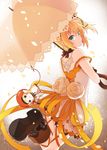  blonde_hair blue_eyes dress edna_(tales) flower green_ribbon koto_(colorcube) leg_ribbon looking_at_viewer looking_back miniskirt normin_(tales) orange_ribbon petals ribbon short_hair side_ponytail skirt solo tales_of_(series) tales_of_zestiria umbrella white_dress yellow_ribbon 