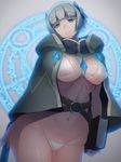 alternate_breast_size asaki_takayuki bikini blue_eyes bob_cut breasts cleavage commentary_request large_breasts looking_at_viewer magic_circle meteora_osterreich navel re:creators short_hair silver_hair solo swimsuit white_bikini white_hair 