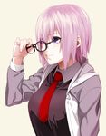  black-framed_eyewear eyes_visible_through_hair fate/grand_order fate_(series) glasses hair_over_one_eye jacket lavender_hair mash_kyrielight necktie purple_eyes red_neckwear removing_eyewear sami_(object_dump) short_hair simple_background solo 