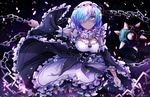  absurdres blue_hair breasts bubble chain cherry_blossoms cleavage cowboy_shot detached_sleeves dress hair_over_one_eye head_wreath highres holding holding_weapon invidiata maid medium_breasts re:zero_kara_hajimeru_isekai_seikatsu rem_(re:zero) ribbon-trimmed_sleeves ribbon_trim short_hair smile solo standing thighhighs weapon 