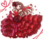  :d brown_hair dress elbow_gloves flower frilled_dress frills full_body gloves heart looking_at_viewer nahori open_mouth outstretched_arm petals pocketland red_dress red_eyes red_footwear red_gloves rose shoes skirt_hold smile solo white_background 