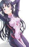  arms_behind_head black_hair bodysuit facebook_username grin guilty_crown headgear highres hime_cut leotard long_hair robusta_mania simple_background skin_tight smile solo tsugumi_(guilty_crown) twitter_username white_background 