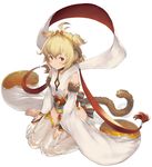  andira_(granblue_fantasy) animal_ears antenna_hair bare_shoulders barefoot blonde_hair bow breasts brown_hair collarbone commentary_request covered_nipples detached_leggings detached_sleeves ear_piercing eyebrows_visible_through_hair fur-trimmed_sleeves fur_trim gradient_hair granblue_fantasy hairband hand_on_ankle highres knees_together_feet_apart large_bow long_sleeves looking_at_viewer monkey_ears monkey_tail multicolored_hair orange_eyes piercing sash see-through short_hair sideboob simple_background sitting small_breasts solo striped striped_bow tail tareme wariza white_background wide_sleeves yn_red 