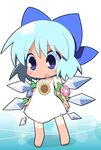  barefoot blue_eyes blue_hair blue_ribbon bow chibi cirno commentary_request dress flower hair_bow hair_flower hair_ornament hidden_star_in_four_seasons ice ice_wings osaragi_mitama plant ribbon short_hair solo sundress sunflower tan tanline tanned_cirno touhou vines wings 