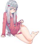  aqua_eyes bangs bare_legs barefoot blush bow closed_mouth commentary_request eromanga_sensei grey_hair hair_bow izumi_sagiri legs long_hair looking_at_viewer lying muranisaki no_pants on_side pajamas panties panty_pull pink_bow pink_panties shiny shiny_hair side-tie_panties silver_hair simple_background solo thighs underwear untied untied_panties white_background 