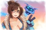  black-framed_eyewear breasts cleavage fur-trimmed_jacket fur_trim glasses gloves hair_ornament hair_stick jacket large_breasts mei_(overwatch) overwatch snowball_(overwatch) solo upper_body v 