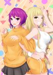  :d ;d blonde_hair blush breasts comic highres keikyu_(tiltedcube) long_hair long_sleeves looking_at_viewer multiple_girls one_eye_closed open_mouth original purple_eyes purple_hair short_hair skirt smile v 