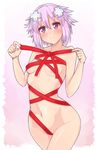  blush breasts convenient_censoring cowboy_shot d-pad d-pad_hair_ornament dura hair_ornament highres naked_ribbon navel neptune_(choujigen_game_neptune) neptune_(series) purple_eyes purple_hair ribbon short_hair simple_background small_breasts smile solo 