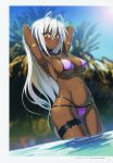  1girl :o absurdres antenna_hair armlet armpits arms_behind_head arms_up artist_name belly bikini blue_sky blush breasts brown_eyes cameltoe choker cleavage cowboy_shot dark_elf dark_skin day dutch_angle elf erect_nipples groin hair_between_eyes highres huge_filesize jewelry large_breasts lens_flare long_hair looking_at_viewer navel necklace official_art ookuma_(nitroplus) orange_eyes outdoors page_number parted_lips pink_bikini pointy_ears sansei_muramasa scan shiny shiny_clothes shiny_skin sideboob sky solo soukou_akki_muramasa swimsuit thigh_strap thighs tsurime underboob very_long_hair wading water water_drop wet white_hair wide_hips 