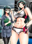  abs bad_id bad_pixiv_id bare_shoulders black_hair black_legwear blue_eyes blush boxing_gloves breasts cleavage covered_nipples glasses large_breasts long_hair looking_at_viewer midriff navel original pantyhose pencil_skirt punching_bag skirt smile solo yamasaki_masato 