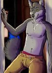  5_fingers anthro black_fur blue_fur canine claws clothed clothing doorway fluffy fluffy_tail fox fur grey_fur grey_hair hair looking_at_viewer male mammal marjani nipples pants smile solo standing topless underwear yellow_eyes 