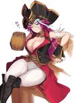  alp bare_shoulders blue_eyes boots breasts cleavage crossed_legs fate/grand_order fate_(series) francis_drake_(fate) grin hat highres large_breasts long_hair looking_at_viewer one_eye_closed pink_hair pirate_hat simple_background sitting smile solo thick_thighs thighs translated 