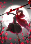  1girl boots breasts cape corset dress gothic_lolita long_sleeves moon rose_petals ruby_rose rwby scythe short_hair silver_eyes solo thighhighs weapon 