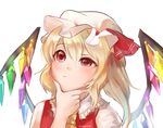  artist_name ascot blonde_hair bow chin_stroking crystal flandre_scarlet hair_between_eyes hand_on_own_chin hat hat_bow mob_cap non-web_source puffy_short_sleeves puffy_sleeves red_eyes reddverse short_sleeves side_ponytail signature simple_background sketch solo thinking touhou white_background wings 