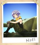  absurdres black_tank_top blue_sky boots brown_eyes character_name commentary_request gloves ground_vehicle hands_on_legs highres kannagi_noel military military_uniform military_vehicle motor_vehicle mysmys on_vehicle photo_(object) scarf short_hair silver_hair sitting sky solo sora_no_woto tank tank_top tape uniform wooden_wall 