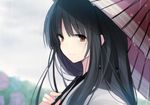  bangs black_hair brown_eyes close-up closed_mouth cloud cloudy_sky commentary_request day eyebrows_visible_through_hair face from_side hiiragi_souren holding holding_umbrella kantai_collection long_hair looking_at_viewer outdoors parasol rain shouhou_(kantai_collection) sky smile solo tareme umbrella 