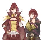  2girls ahoge anna_(fire_emblem) book cloak fire_emblem fire_emblem:_kakusei holding holding_book mark_(fire_emblem) multiple_girls no-shio one_eye_closed red_hair simple_background smile white_background 