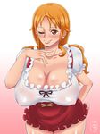  1girl ass blush breasts cleavage clothing dress earrings erect_nipples frills jewelry large_breasts lips long_hair looking_at_viewer mikanberry nami_(one_piece) nipples one_eye_closed one_piece orange_hair red_eyes smile solo wink 